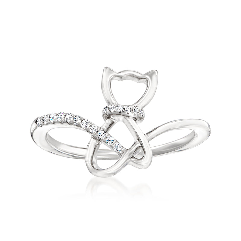 Sterling silver cat-shaped ring with small diamond-like stones on band