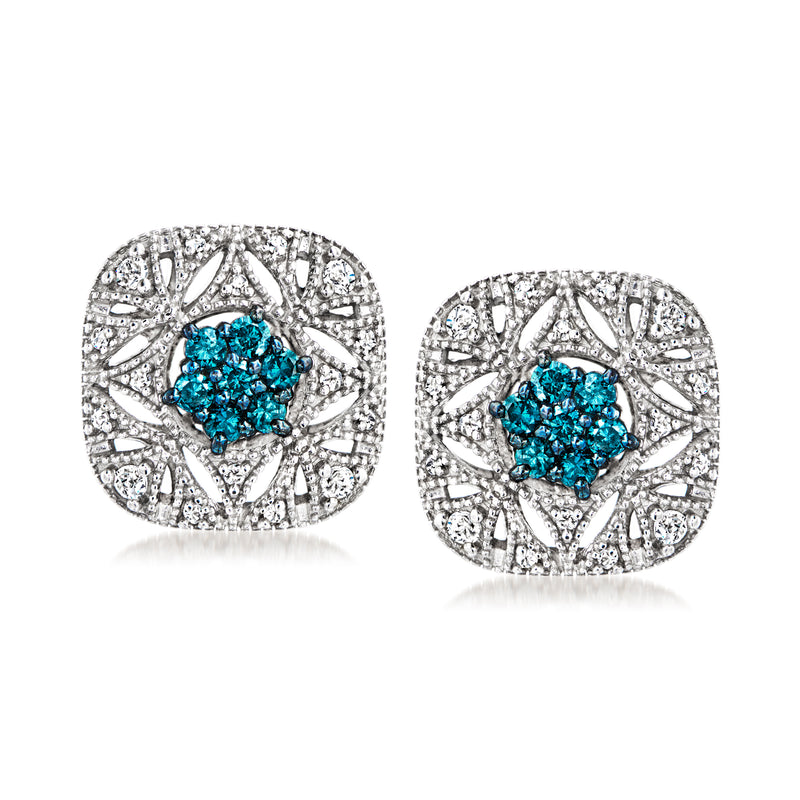 Sterling silver blue and white diamond post earrings with floral cluster design