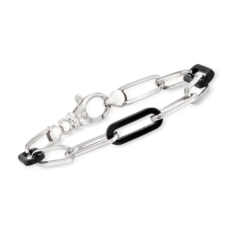Sterling silver paper clip link bracelet with black onyx rectangular inlays