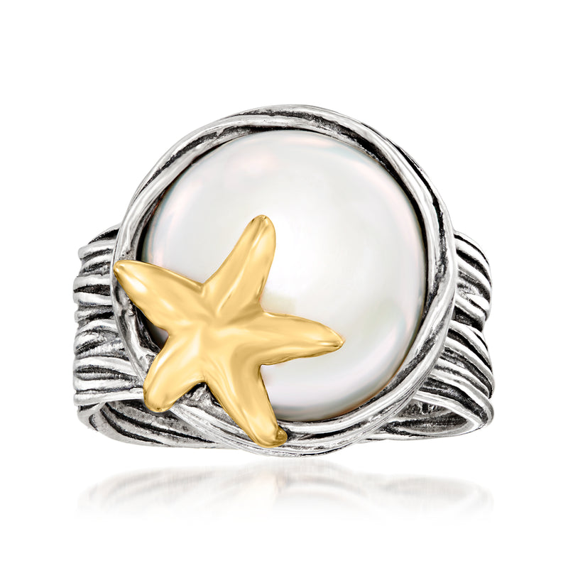 Sterling silver ring with coin pearl and gold starfish design, ribbed band
