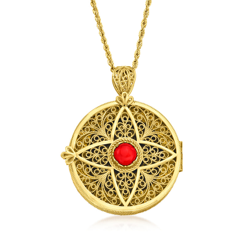 Gold-tone filigree circular pendant necklace with red round center medallion