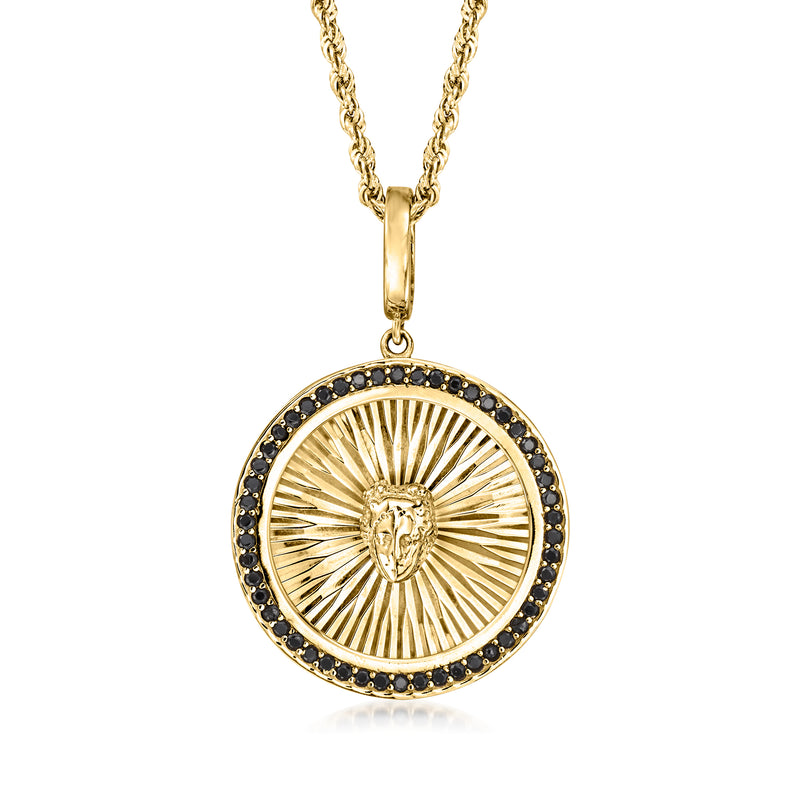 18kt gold over sterling pendant necklace with round sunburst charm and black stones