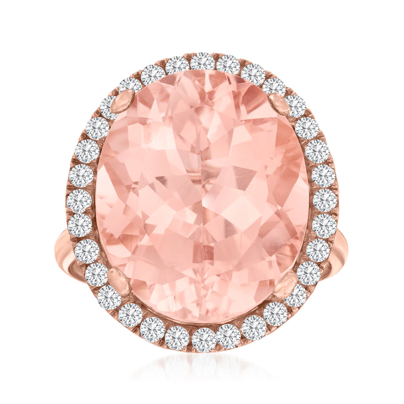 Rose gold morganite ring with large pink cushion center and round diamond halo