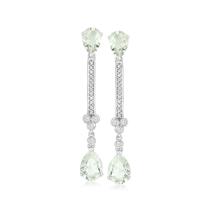 Prasiolite drop earrings in 14kt white gold with pear-cut green stones and diamond halos
