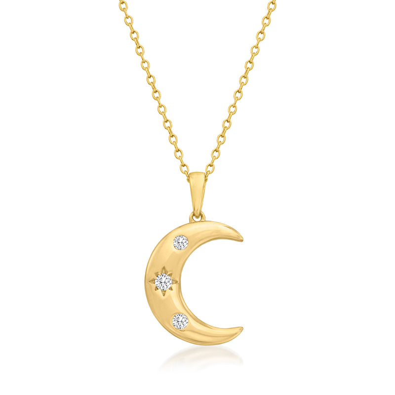 14kt yellow gold moon pendant necklace with three small diamond accents