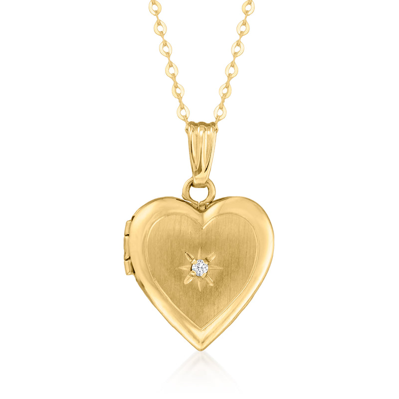 10kt yellow gold heart locket necklace with small diamond on front, open heart design