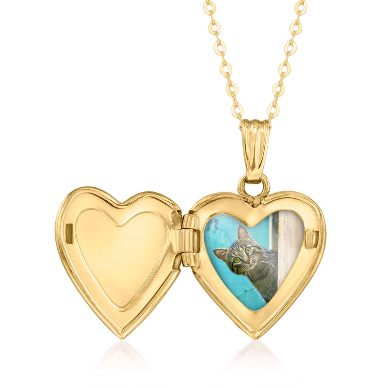 Open heart locket necklace in 10kt yellow gold with blue cat photo panel inside