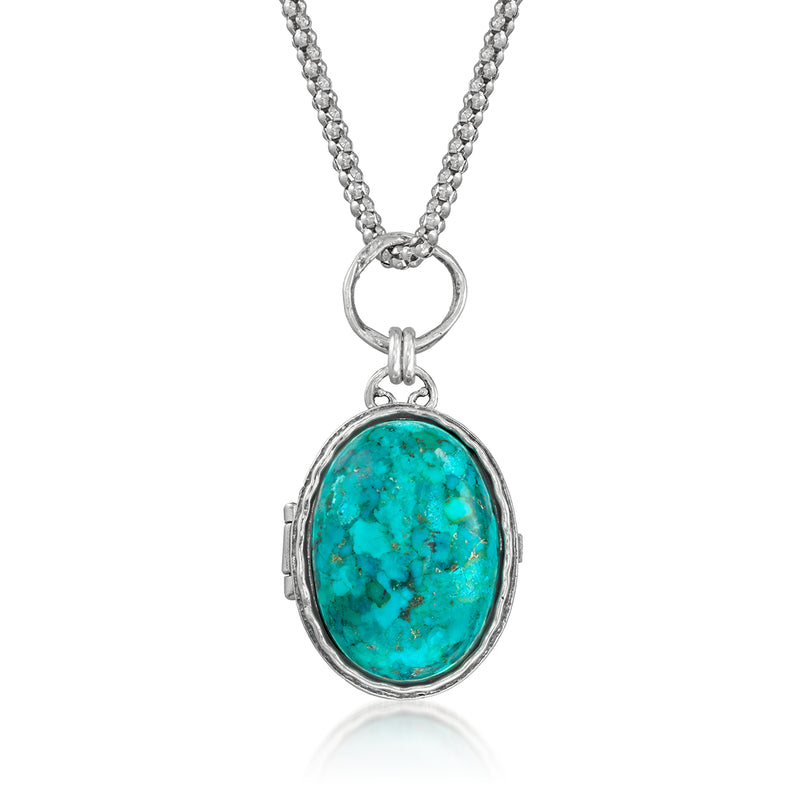 Sterling silver locket necklace with turquoise oval stone, hinged oval bezel and chain