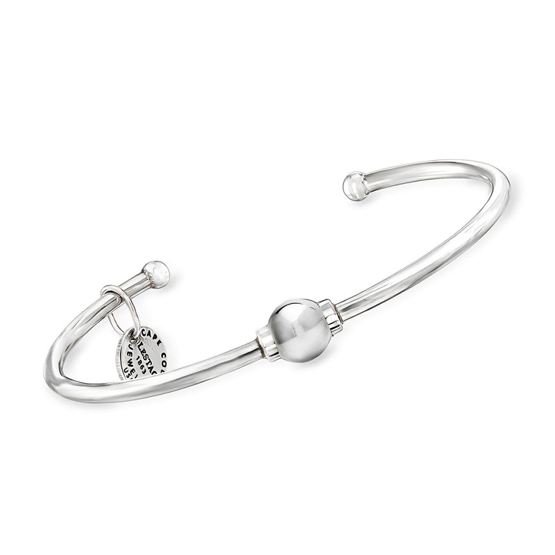 Sterling silver open cuff bracelet with round charm and clasp ball ends