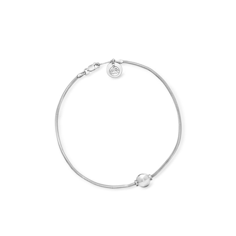 Sterling silver snake-chain anklet with round charm and bead clasp