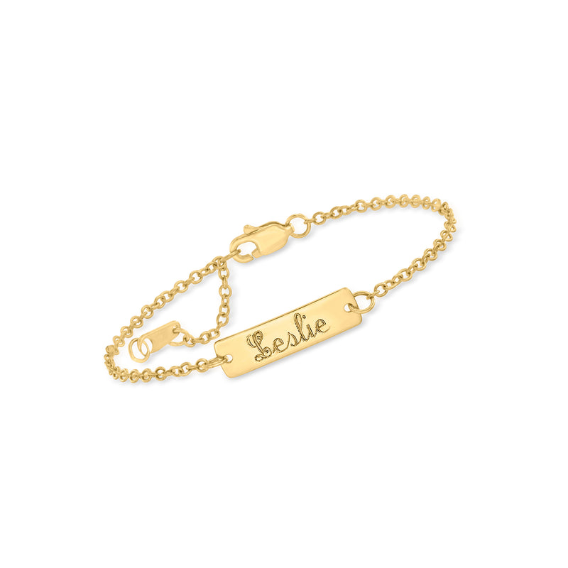 14kt yellow gold ID bracelet with engraved name tag and lobster clasp
