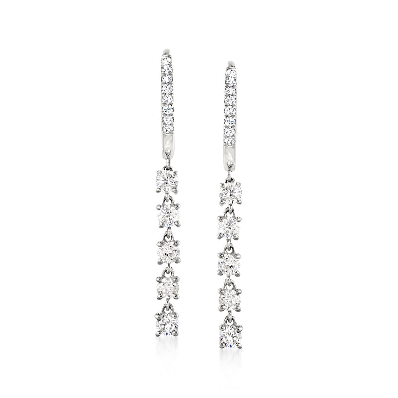 14kt white gold diamond linear drop huggie hoop earrings with dangling diamond clusters