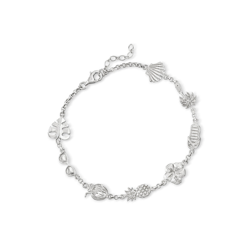 Sterling silver anklet with beach-life charms and adjustable chain clasp
