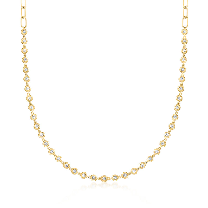 14kt yellow gold paper clip link necklace with bezel-set round diamonds