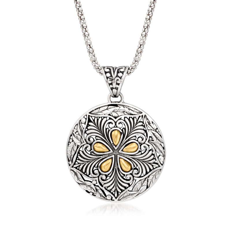 Round Bali-style medallion pendant necklace, silver with yellow gold flower center, link chain
