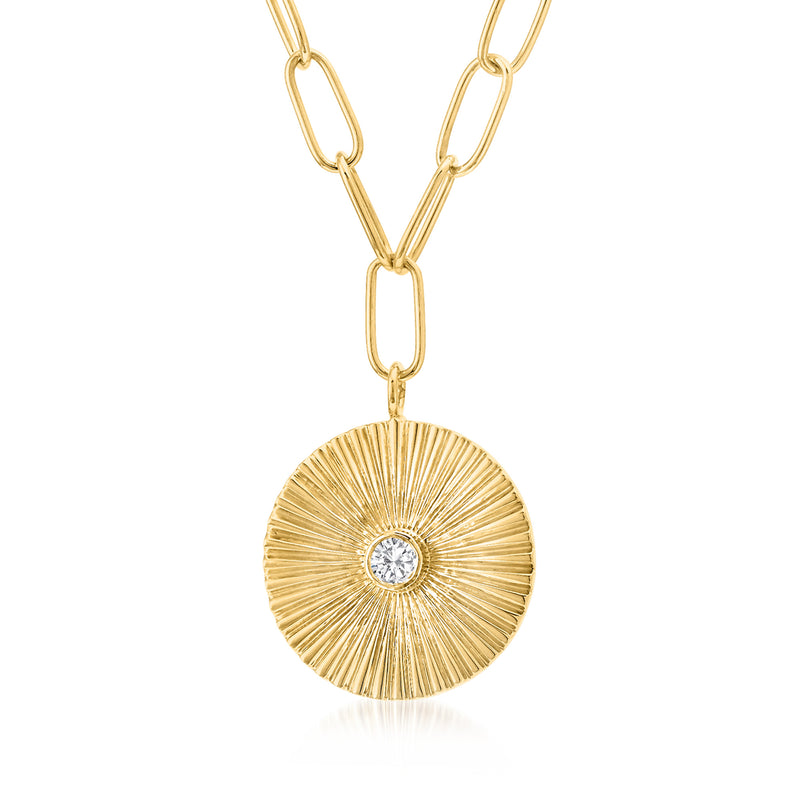 14kt yellow gold paper clip link chain necklace with round diamond medallion pendant