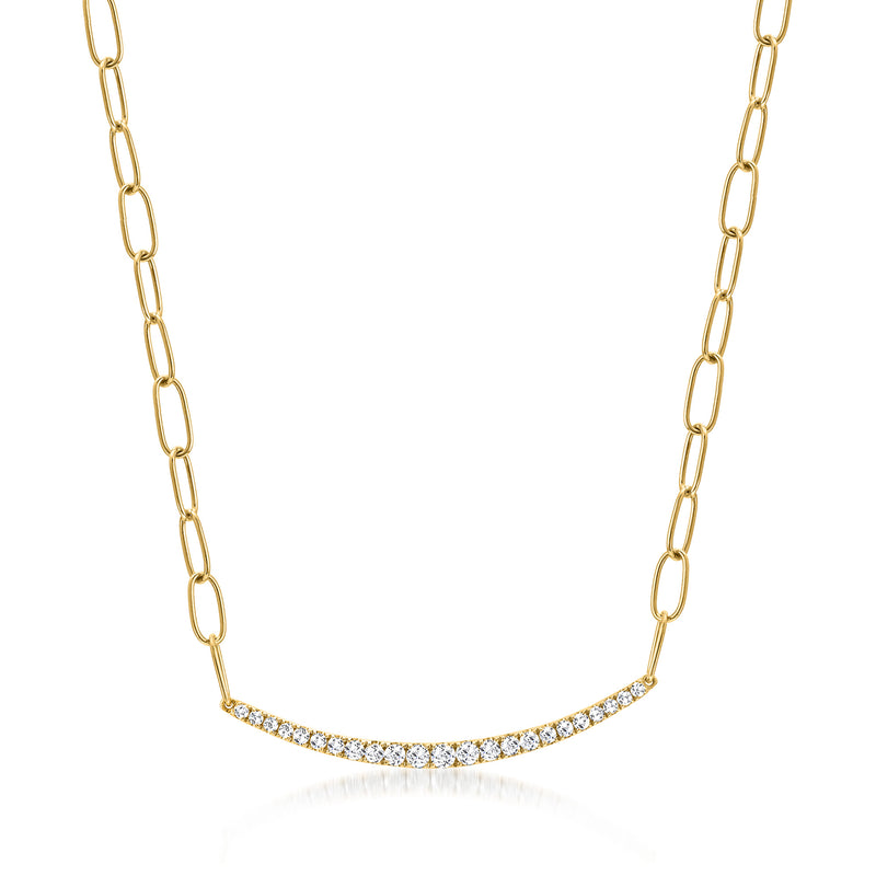 Diamond curved bar paper clip link necklace in 14kt yellow gold