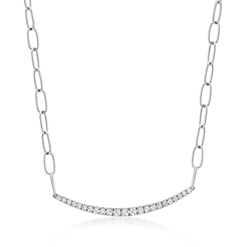 14kt white gold link necklace with curved bar of small diamonds