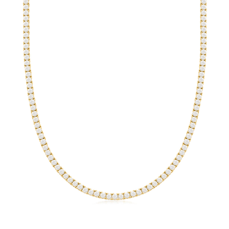 Cultured pearl tennis necklace with 3.5–4mm gold-tone bezel pearls