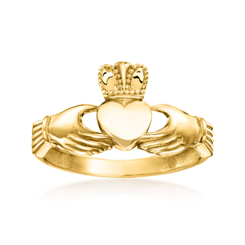 14kt yellow gold claddagh ring with heart and crown detail, polished band