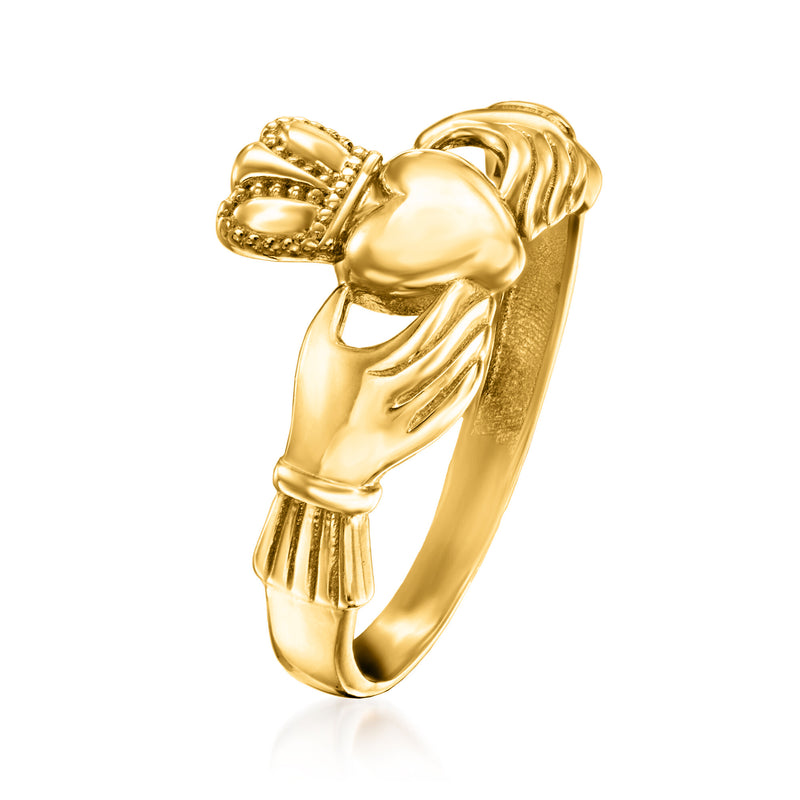 14kt yellow gold claddagh ring side view, heart center with clasped hands