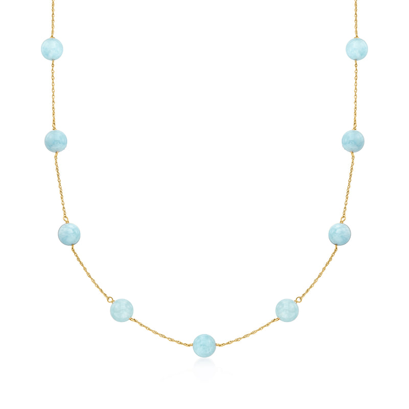 Yellow gold bead station necklace with round light-blue stone beads