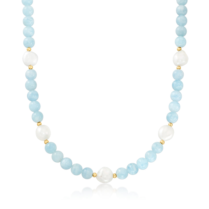 Aquamarine bead and baroque pearl necklace with 14kt yellow gold accents