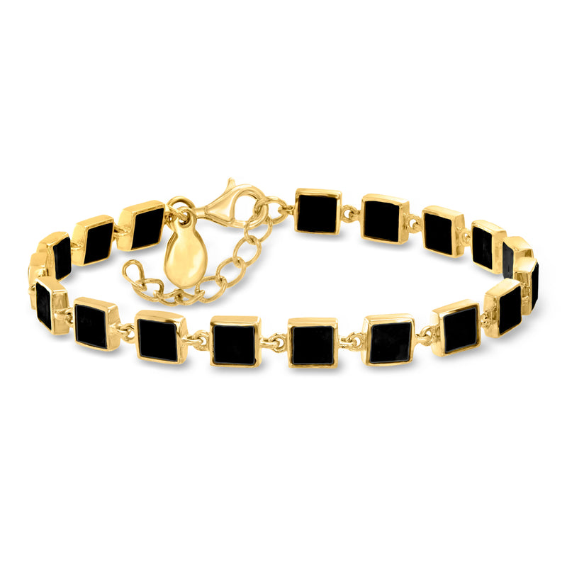 Gold over sterling bracelet with square black onyx-style links and box clasp