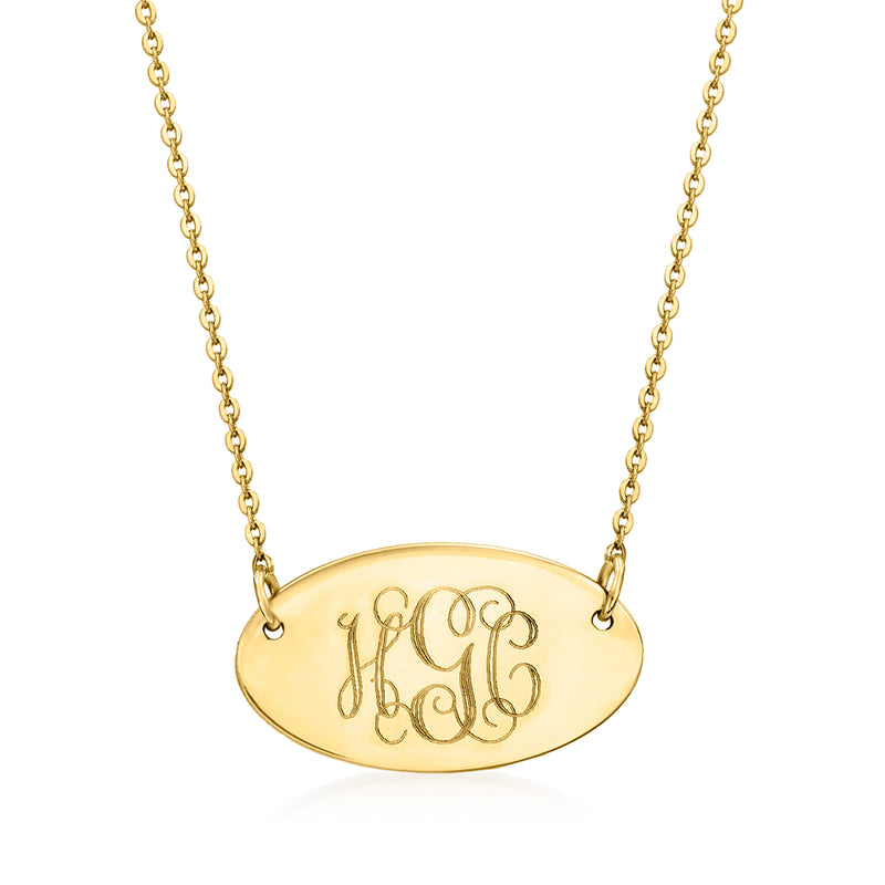 14kt yellow gold personalized oval necklace with engraved monogram pendant and link chain