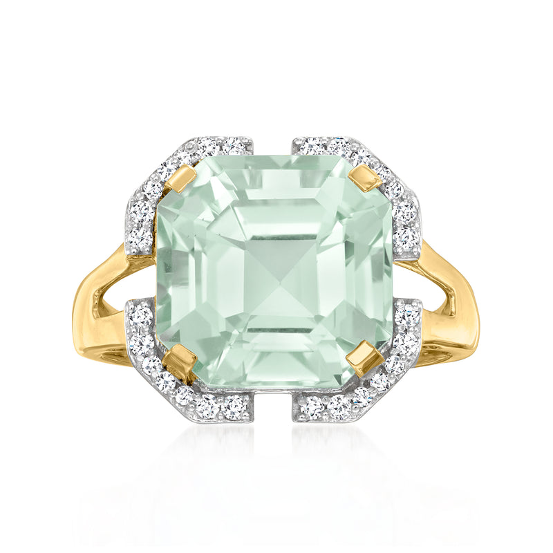14kt yellow gold prasiolite and diamond ring with square-cut mint center and halo