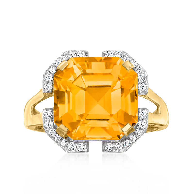 14kt yellow gold citrine cushion halo ring with diamond accents