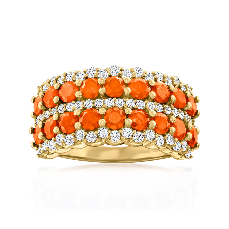 Multi-row yellow gold ring with orange fire opal centers and white topaz accents