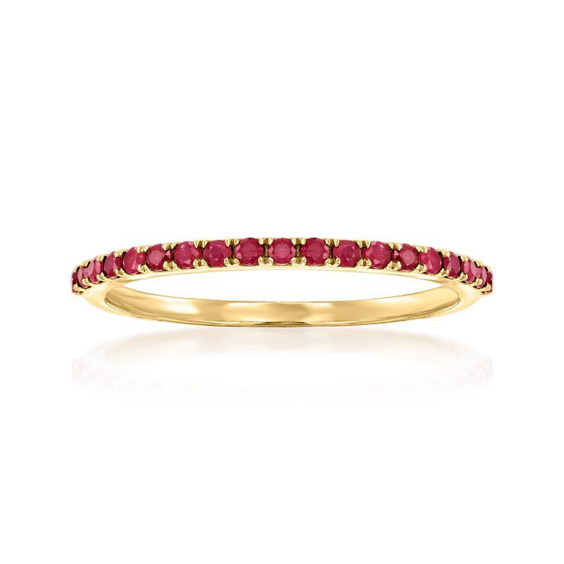 14kt yellow gold ruby eternity ring with round red gemstones, slim band