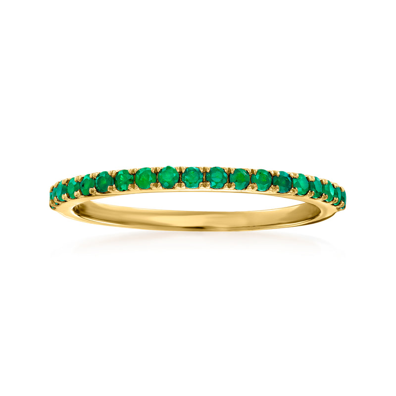 14kt yellow gold emerald eternity ring with green gemstones across the band