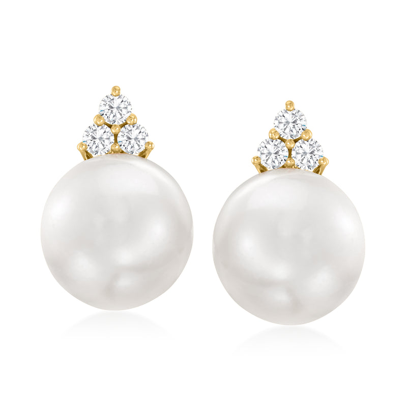 14kt yellow gold pearl stud earrings with diamond cluster tops, round white pearls
