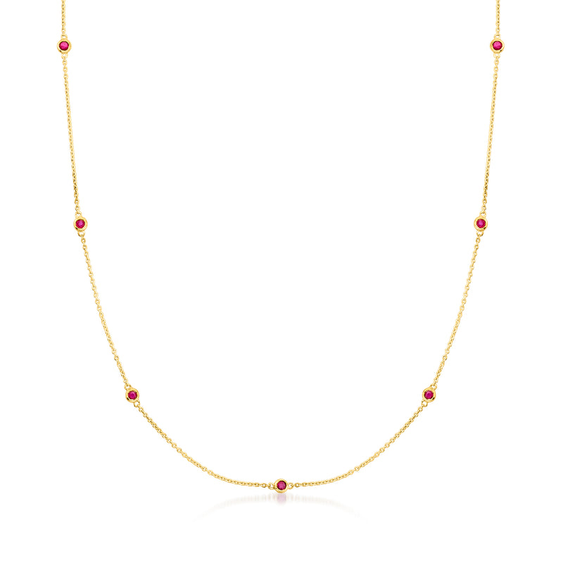 14kt yellow gold ruby station necklace with small round red gemstone stations
