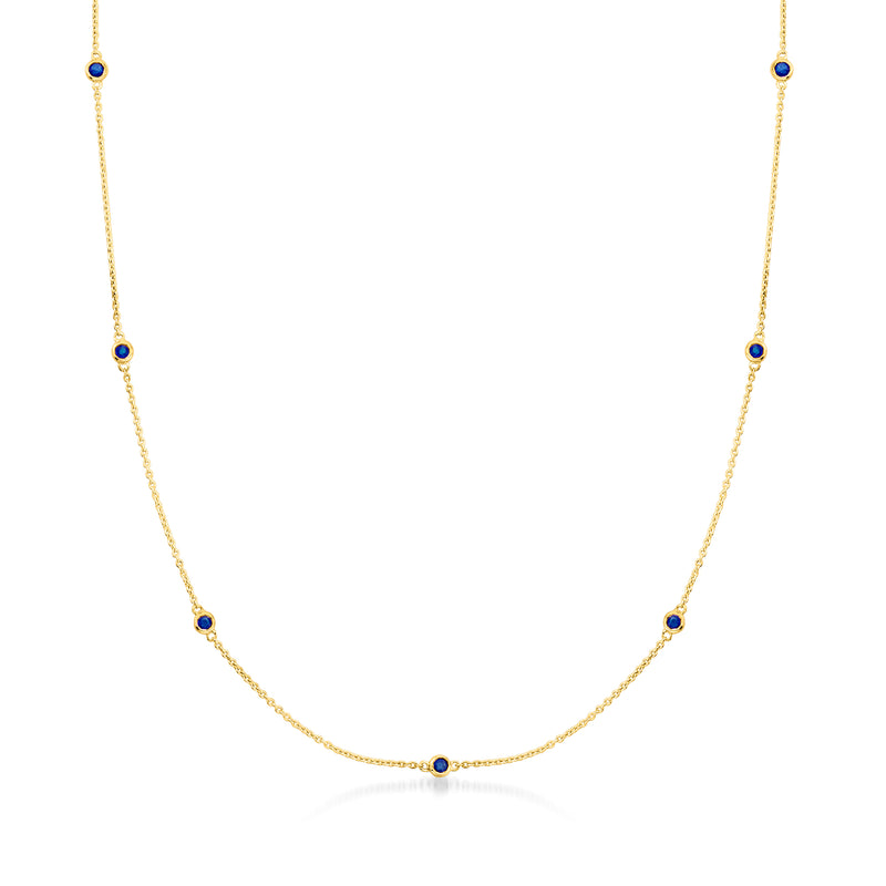 14kt yellow gold sapphire station necklace with dark blue bead links, .20 ct T.W.