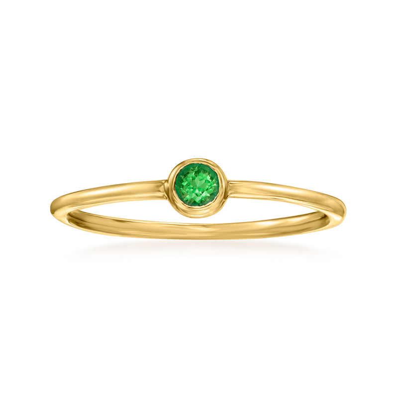 14kt yellow gold ring with round green emerald-cut style gemstone in bezel setting