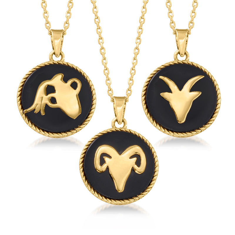 Gold zodiac necklace with black onyx-style round pendants and zodiac icons