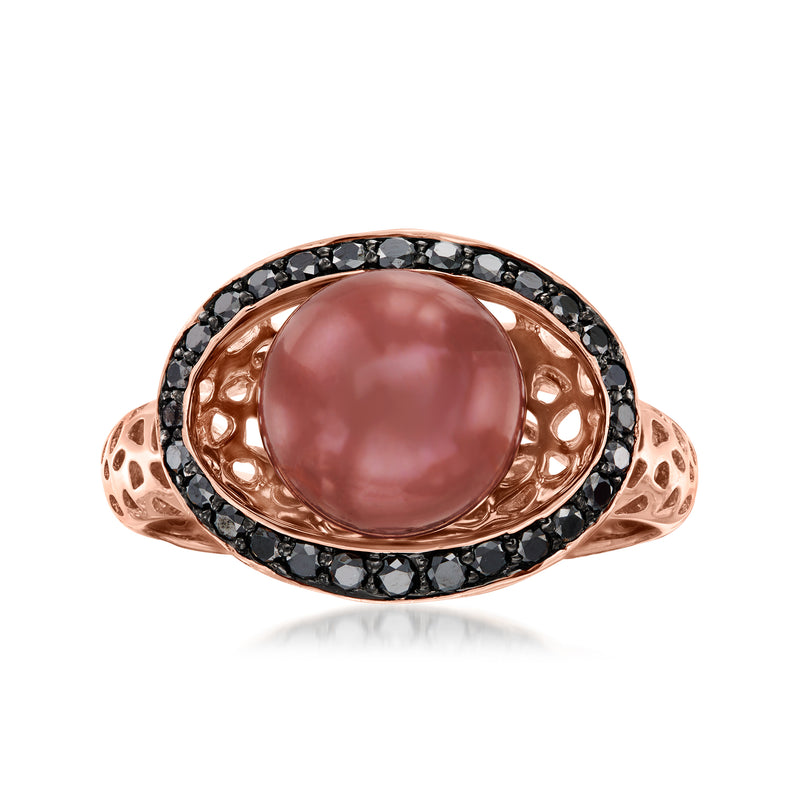 14kt rose gold ring with brown round cultured pearl and black diamond halo