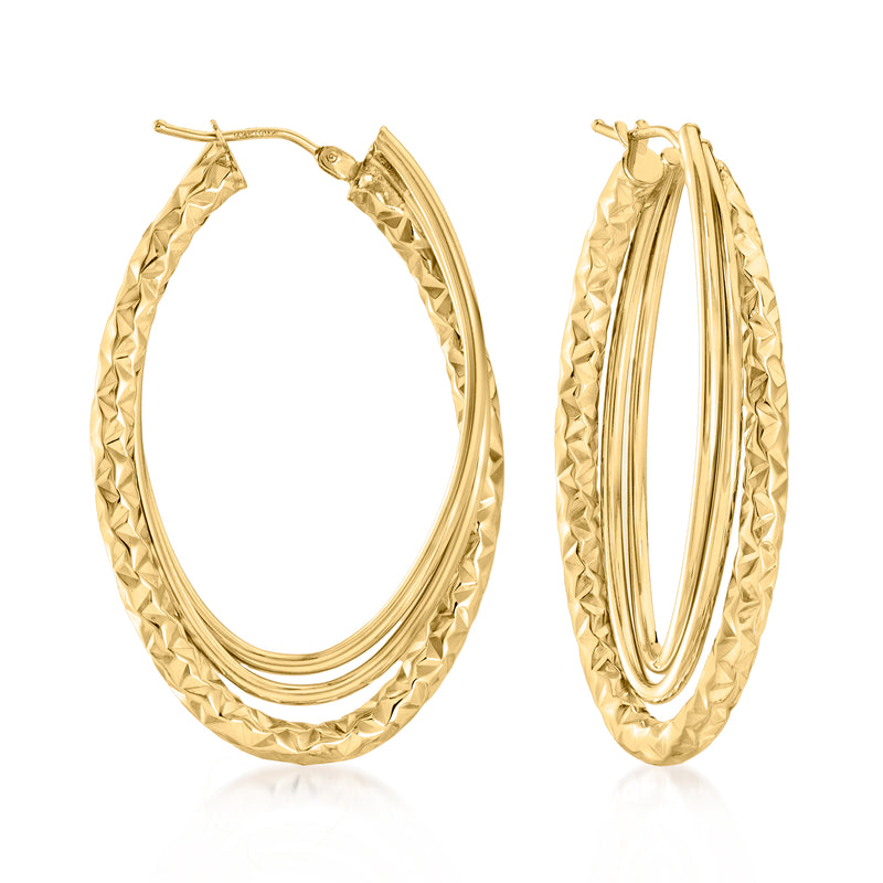 Yellow gold multi-oval hoop earrings with twisted texture, layered oval rings