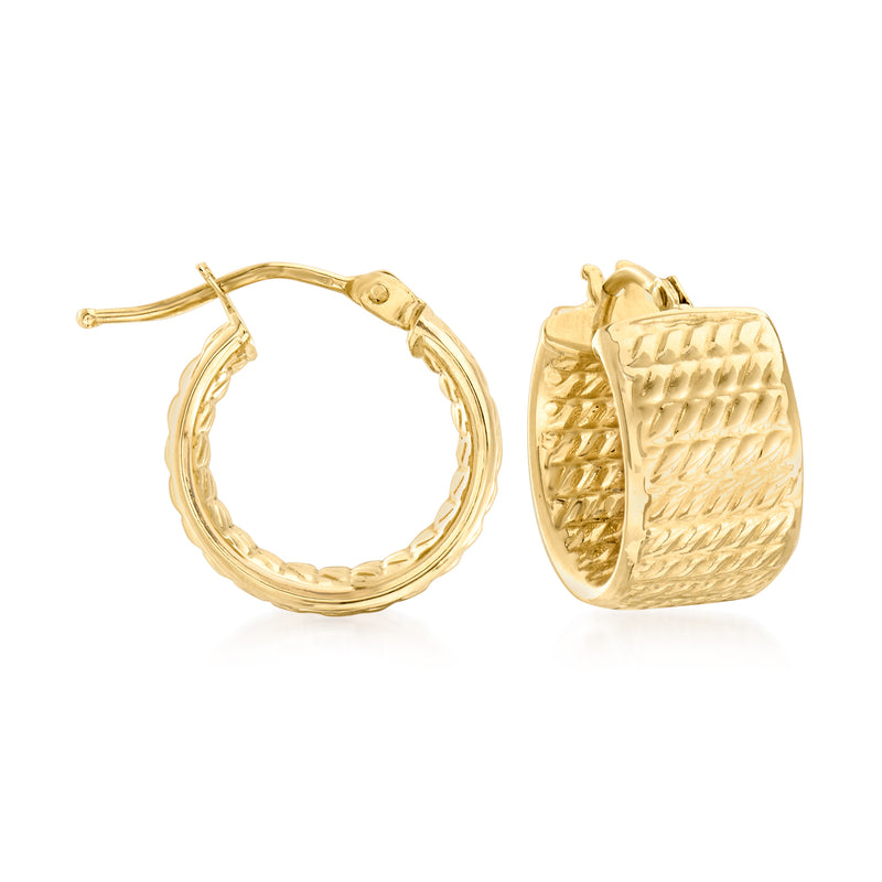 Textured yellow gold huggie hoop earrings, scalloped weave pattern, hinged clasp
