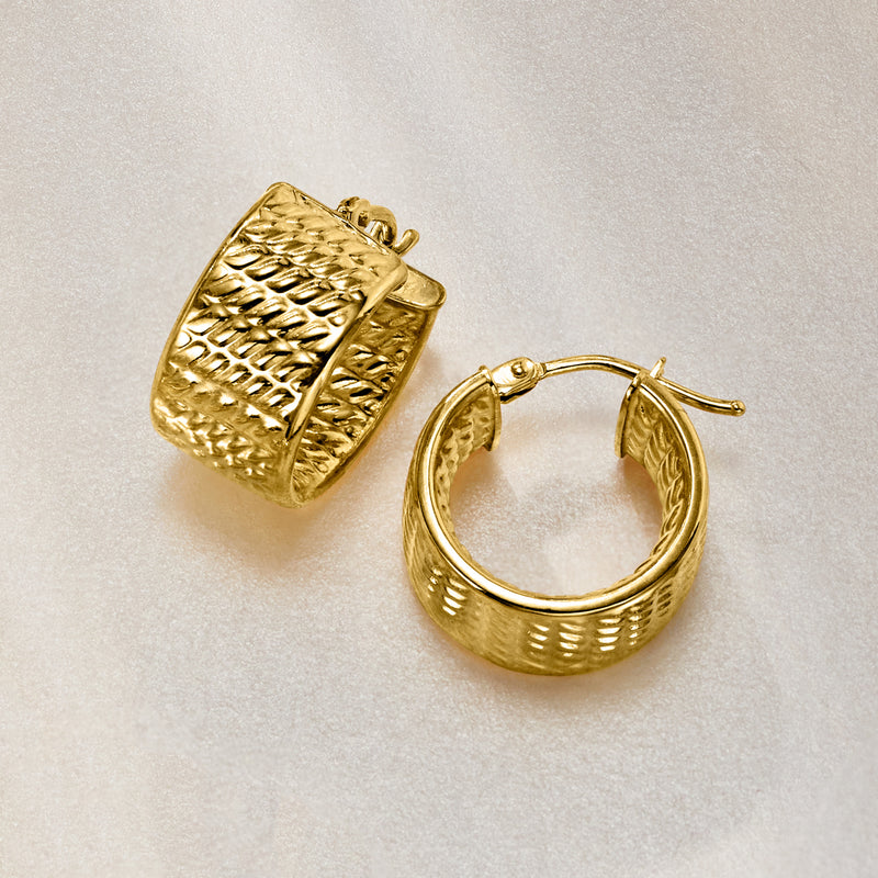 Textured yellow gold square-profile huggie hoop earrings with hinged post