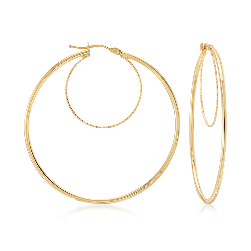 Polished yellow gold double-hoop hoop earrings with hinged detail