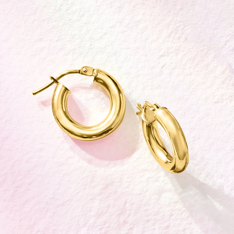 10kt yellow gold huggie hoop earrings, side view with clasp visible