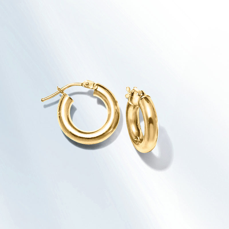 10kt yellow gold huggie hoop earrings pair, angled view, smooth polished shine