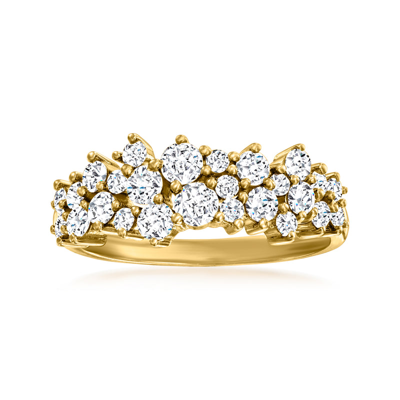 14kt yellow gold diamond cluster ring with round brilliant stones, wide band