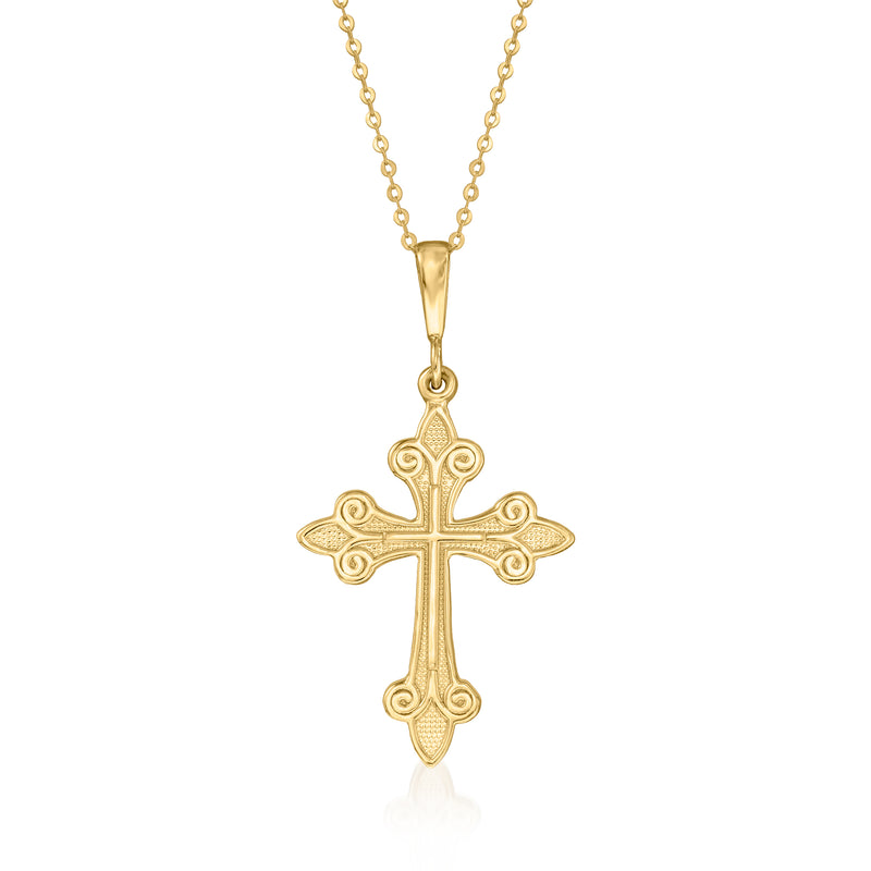 10kt yellow gold fleur-de-lis cross pendant on a fine chain necklace