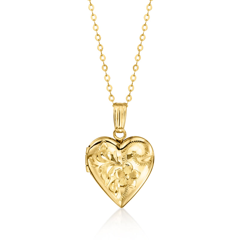 10kt yellow gold heart locket necklace with engraved floral front