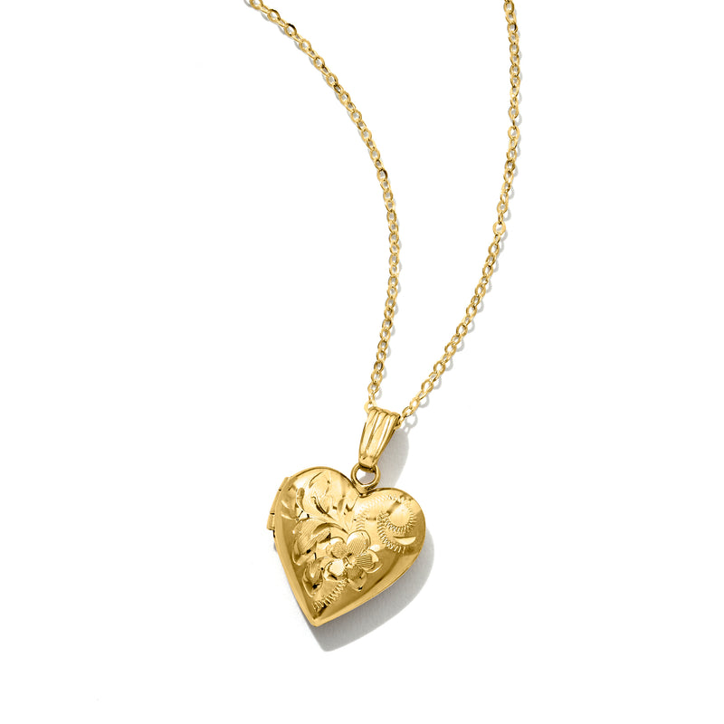 10kt yellow gold heart locket necklace with engraved floral details, side view
